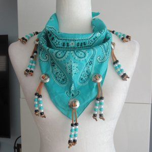 Y2K Southwestern Bandana Silver Tone Metal Conchos, Leather Fringe & Beads New